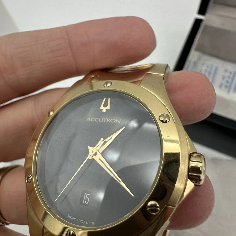 VTG 07 Accutron Belize Gold Tone Stainless Steel Watch Black Face 27B64 Ret $650